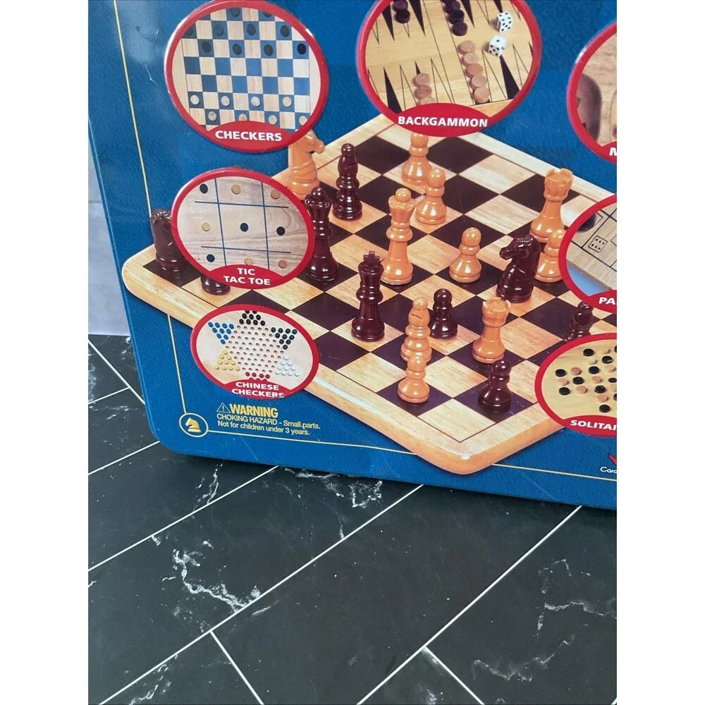 Family 7+ Mancala Game Center 8 Classic Board Games Solid Wood in Tin EUC
